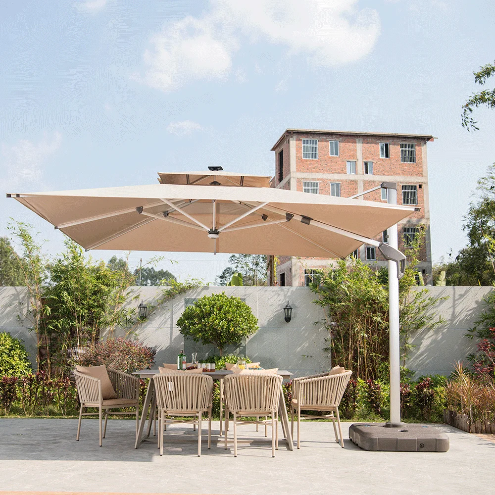 luxury Modern Design Sun Umbrella with LED light Spacious solar light big Parasol with Hydraulic Arm for garden