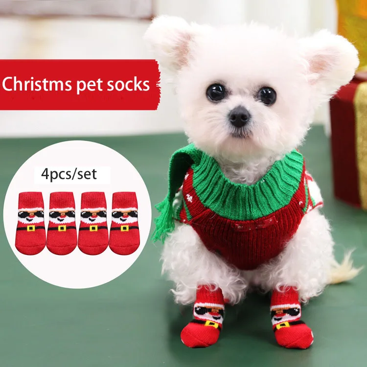 4pcs/set Dog Cat Cocks Christmas New Year Pet Socks Non-slip Cute Santa Socks for Small and Medium Size Pets Cats Dogs