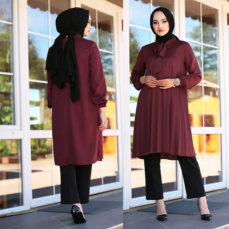 Muslim women casual crew neck tunic modest top custom turkey muslim long sleeve pleated chiffon blouse