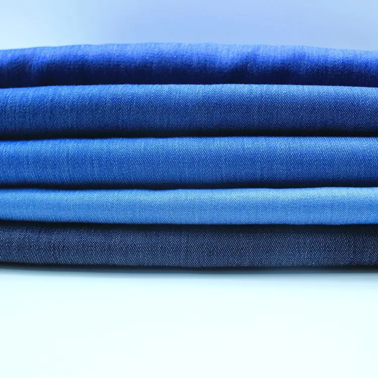Индивидуальный дизайн синие однотонные окрашенные полиэфирные вискоза тканые джинсовые ткани для женщин