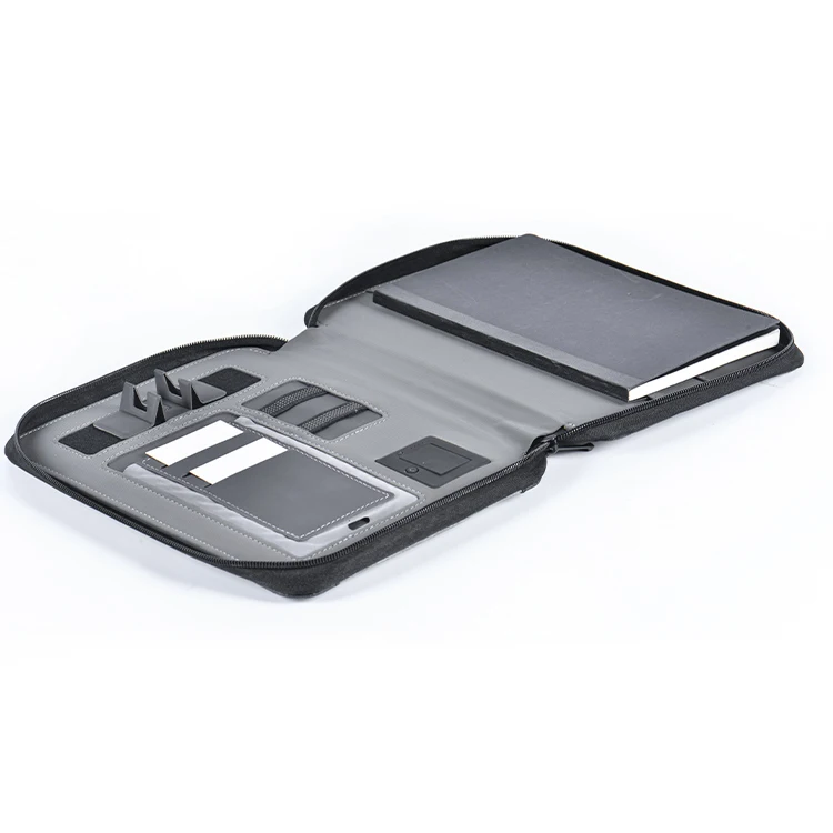 Vip Gift Pu Leather A5 Powerbank File Holder Document Print Logo Zipper Smart Powerbank Notebook Portfolio
