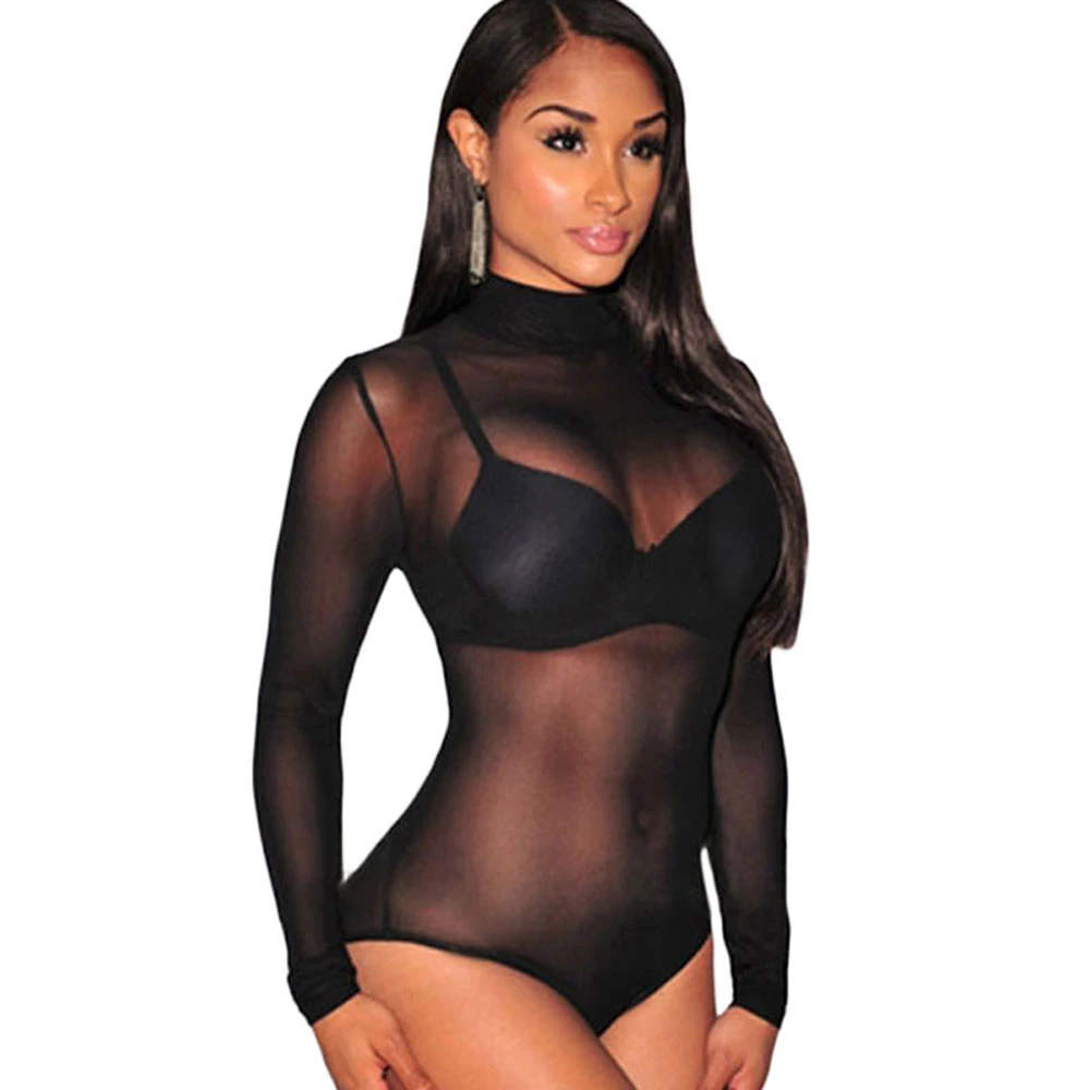 Sexy Long Sleeve Mesh Unlined Mock Neck Bodysuit