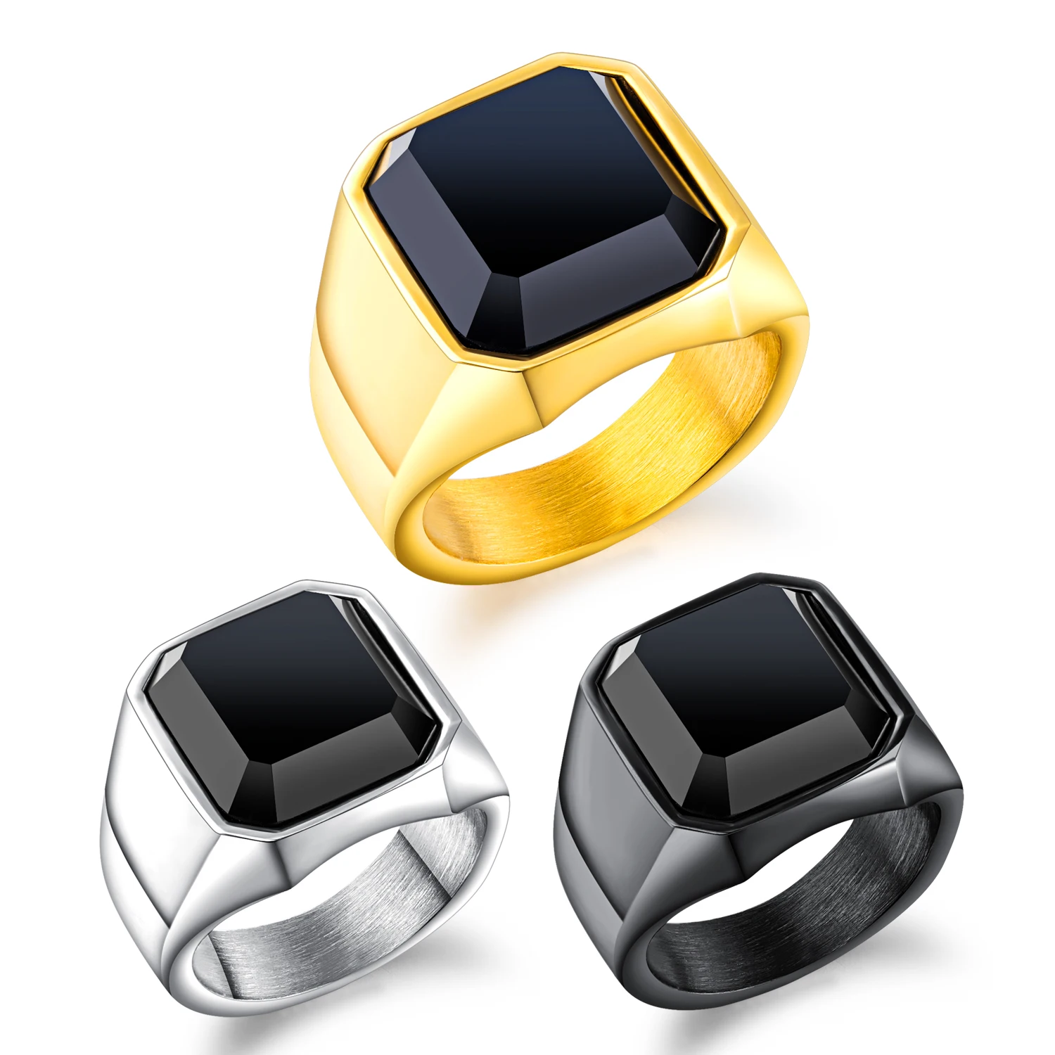 Оптовая продажа ювелирных изделий из нержавеющей стали 18k позолоченный черный квадрат Эмаль перстень кольца для мужчин