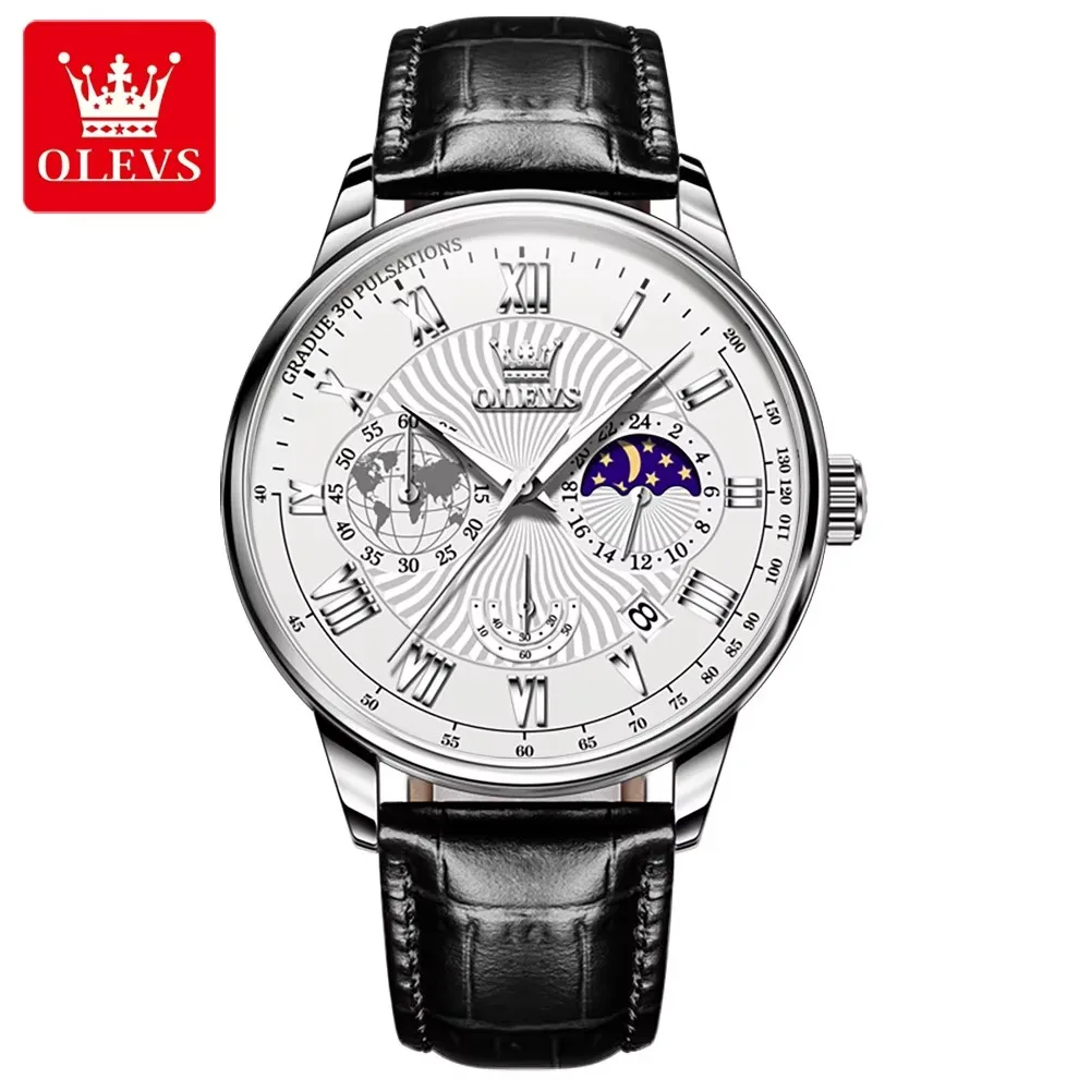 OLEVS 2893 Casual Quartz Watch Gift Genuine Leather Watchband Wristwatch Chronograph Calendar Waterproof Clock