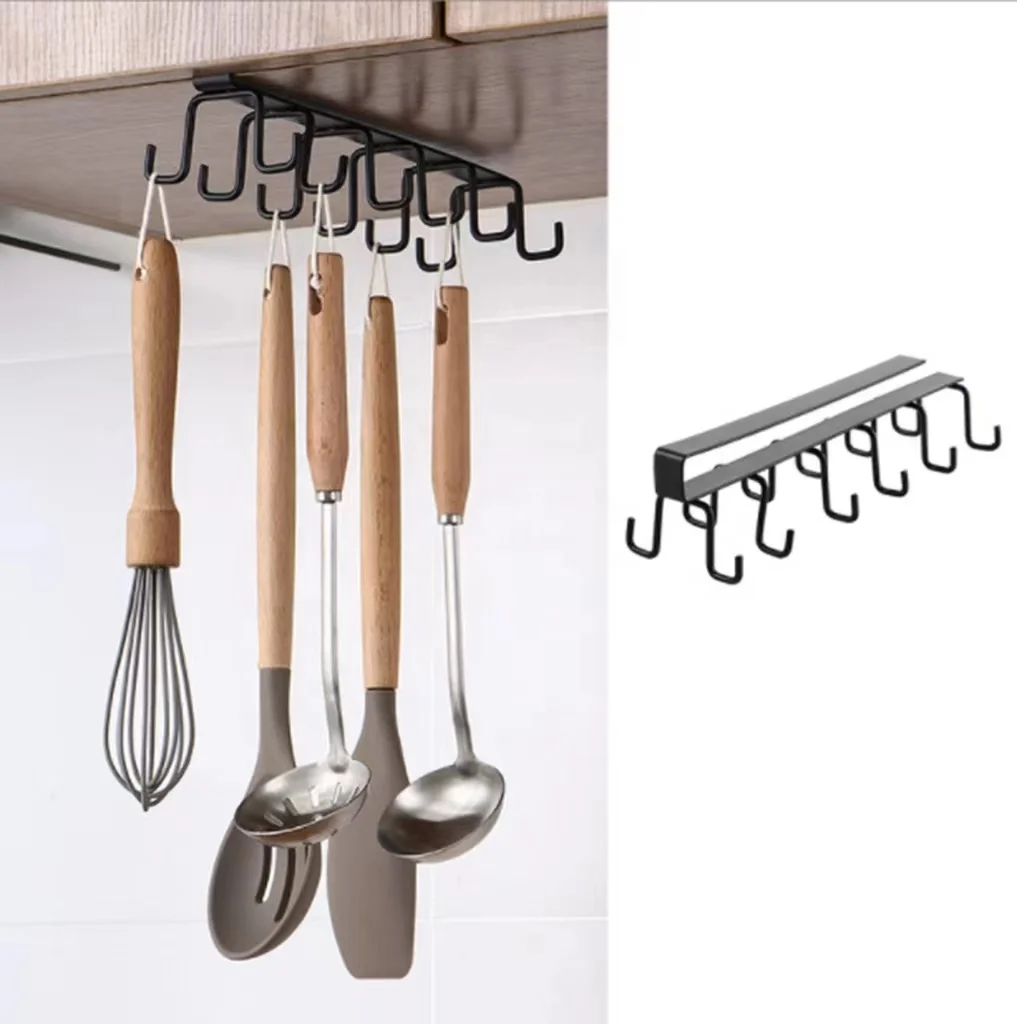 Double row hook hanging cup holder kitchen hole free multifunctional hook