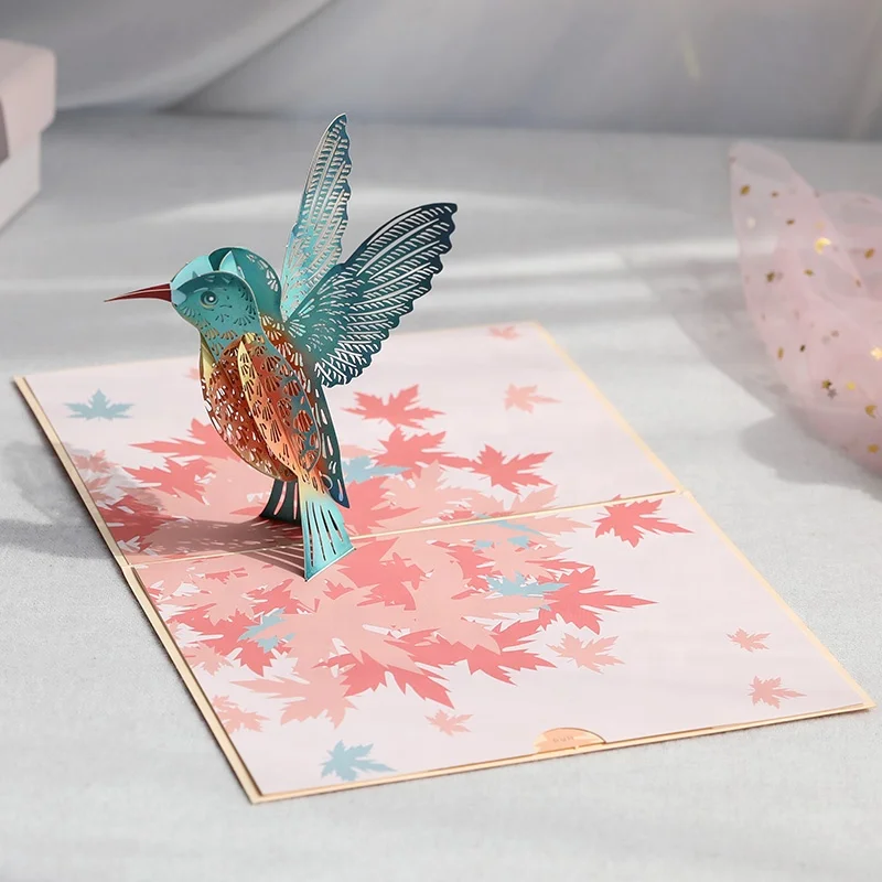 Factory sales 3D animated maple leaves birds pop up greeting cards for friends