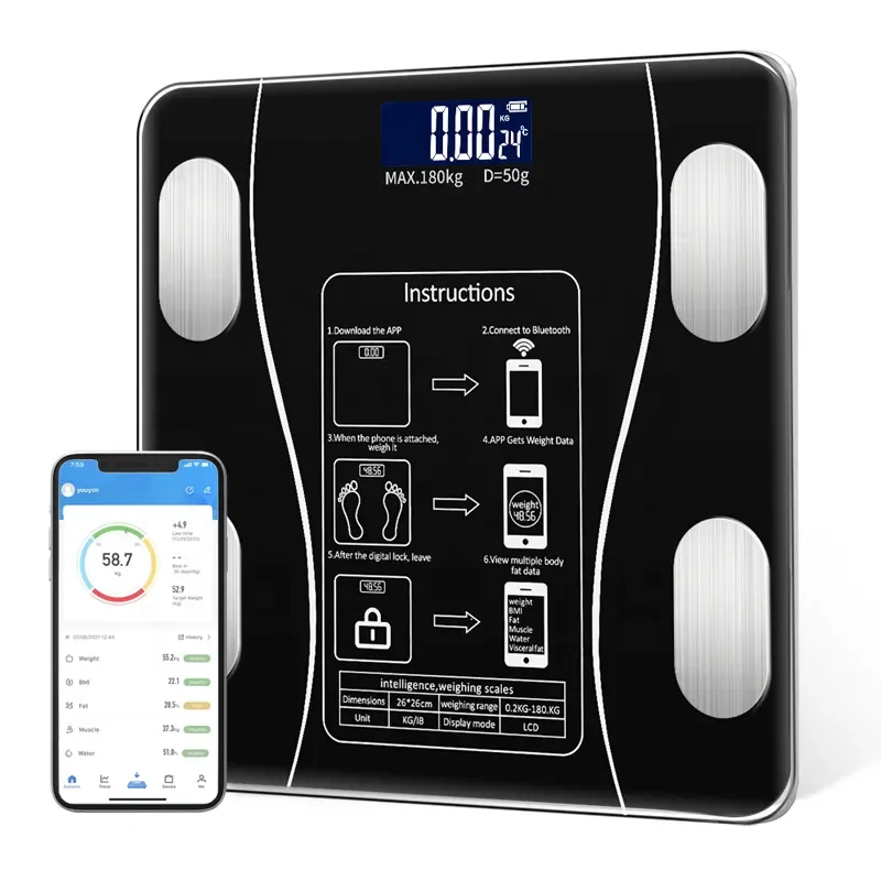 260*260MM Tempered Glass Smart Digital Electronic Body Fat Scale Bathroom Scale with BMI