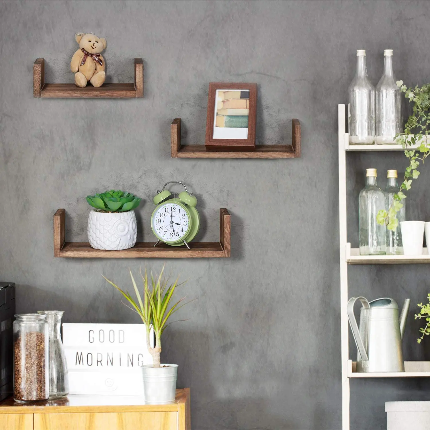 Rustic Wood U Shaped Floating Shelves Wall Mounted Set of 3 Modern 3 Floating Shelves