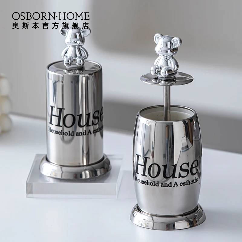 OSBORN Sliver Stainless Steel Hand Press Type Toothpick Dispenser Holder Metal Bear Toothpick Storage