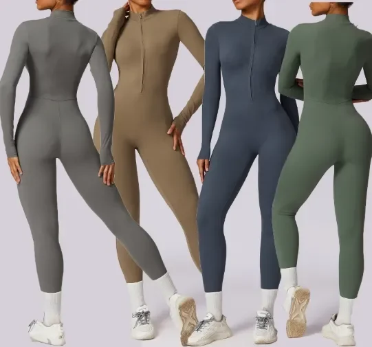CLT8306 Womens One Piece Long Sleeve Bodysuit Zip Up Yoga Sport Workout activewear yoga gym wear sport jumpsuit with legging