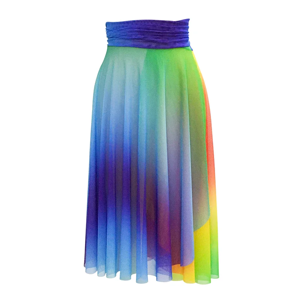 MiDee Rainbow Long Mesh Dress for Girl Women Gradient Lace Up Contemporary Lyrical Dance Wear Modern Ballet Dance Outfit