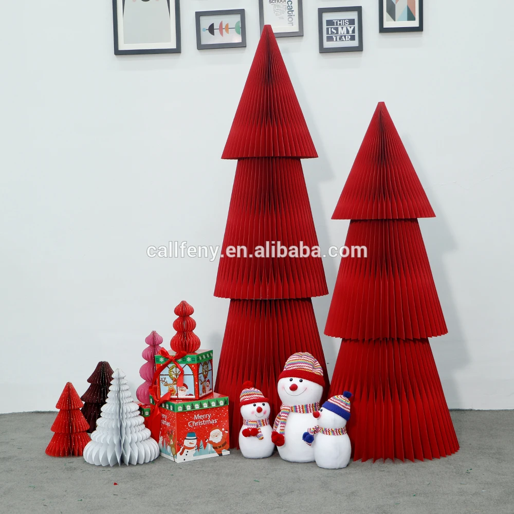 Handmade paper decorations red Christmas tree window decoration backdrop display props honeycomb foldable