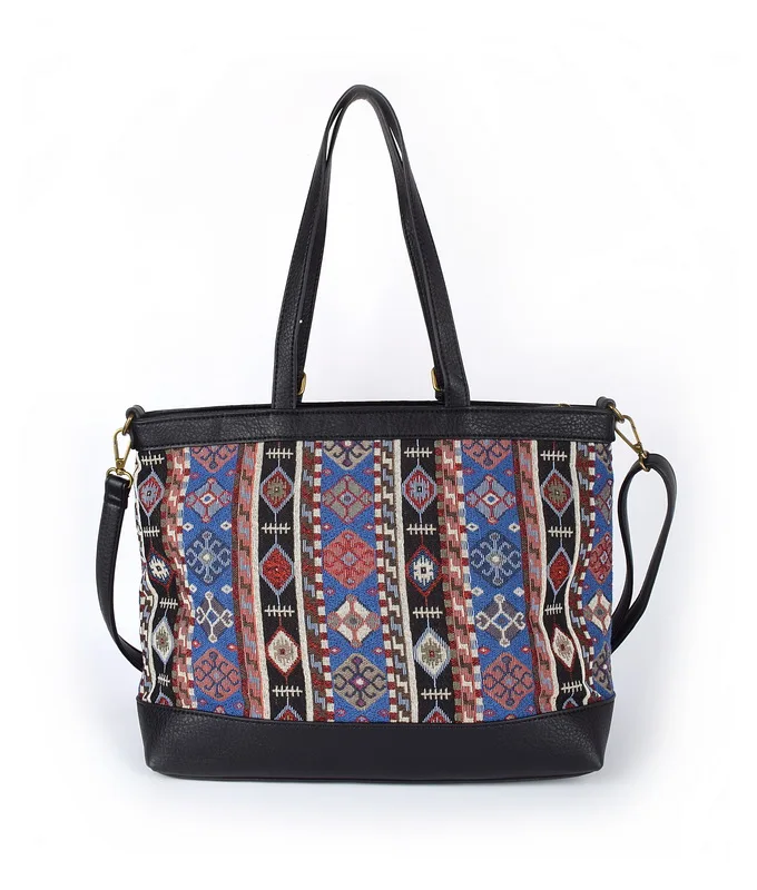 Women National style shoulder bag Tote Bag Pu Leather Jacquard fabric Vintage Style Casual Handbag High Quality Shopping Bag