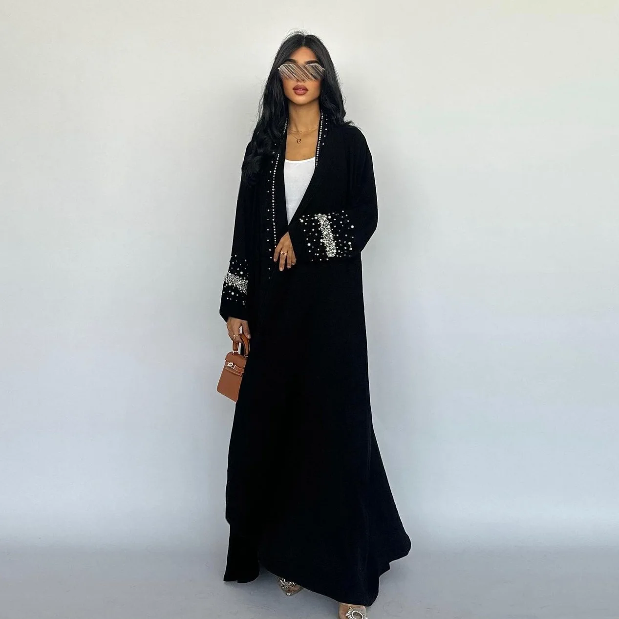 New Black Color Clothing Dress Robe Fancy Rhinestone Diamond Cardigan Gown Middle East Women Open Front Abaya With Hijab One Set