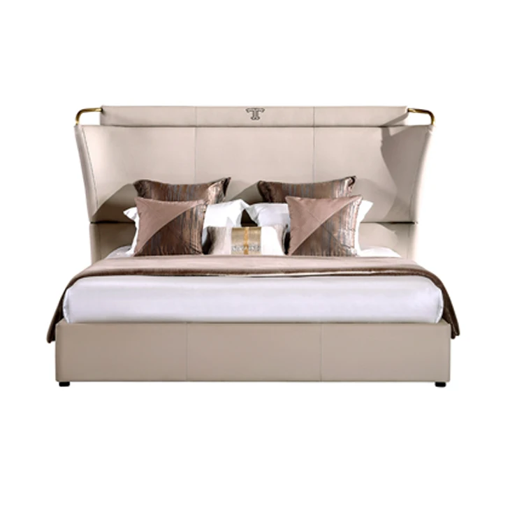 Shenzhen Furniture wooden fan-shaped backrest king size bed leather double bed design furniture