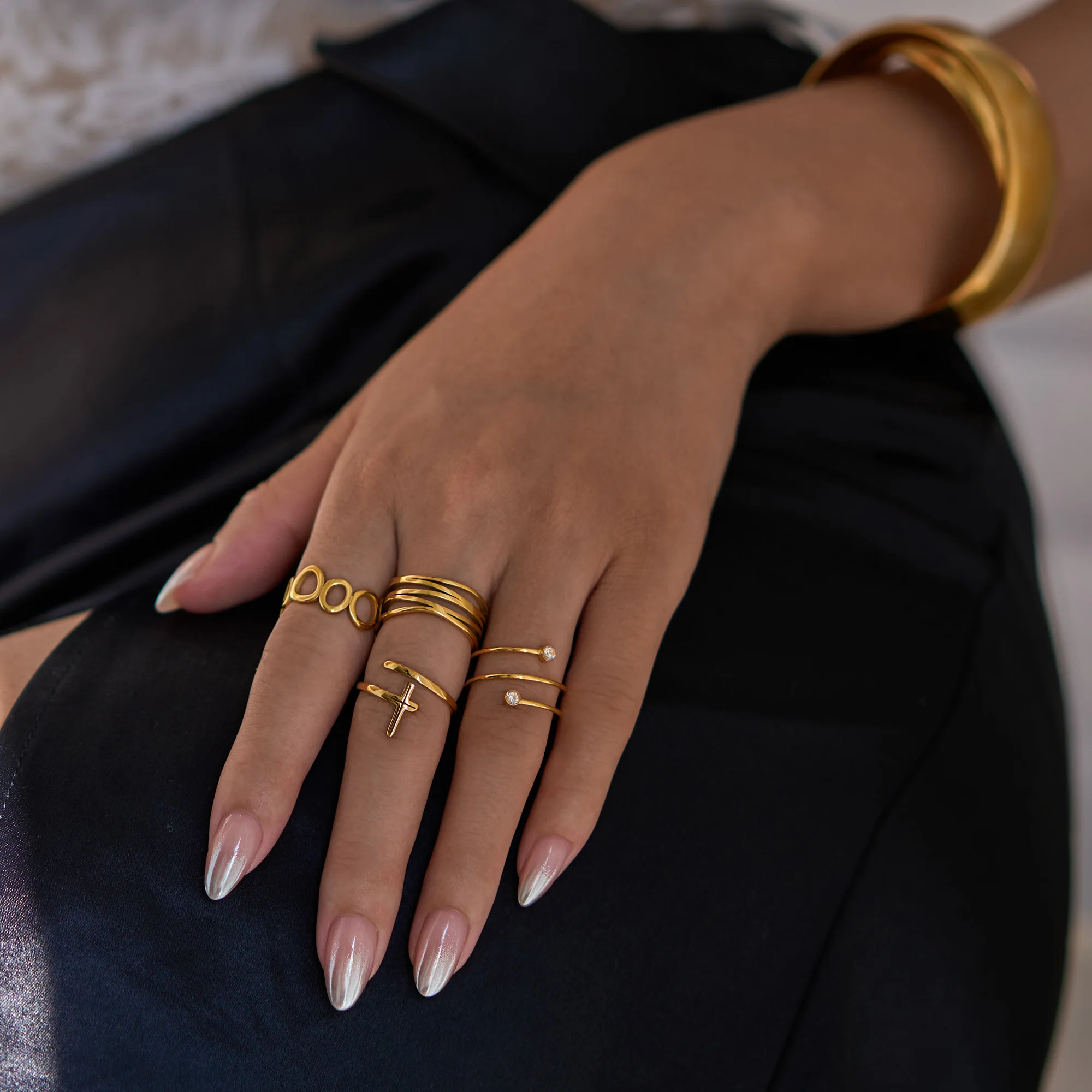 2024 Dazan New HOT INS Trendy 18k PVD Gold Plated Stainless Steel Minimalist Line Unique Designer Ring Luxury Set Women Jewelry