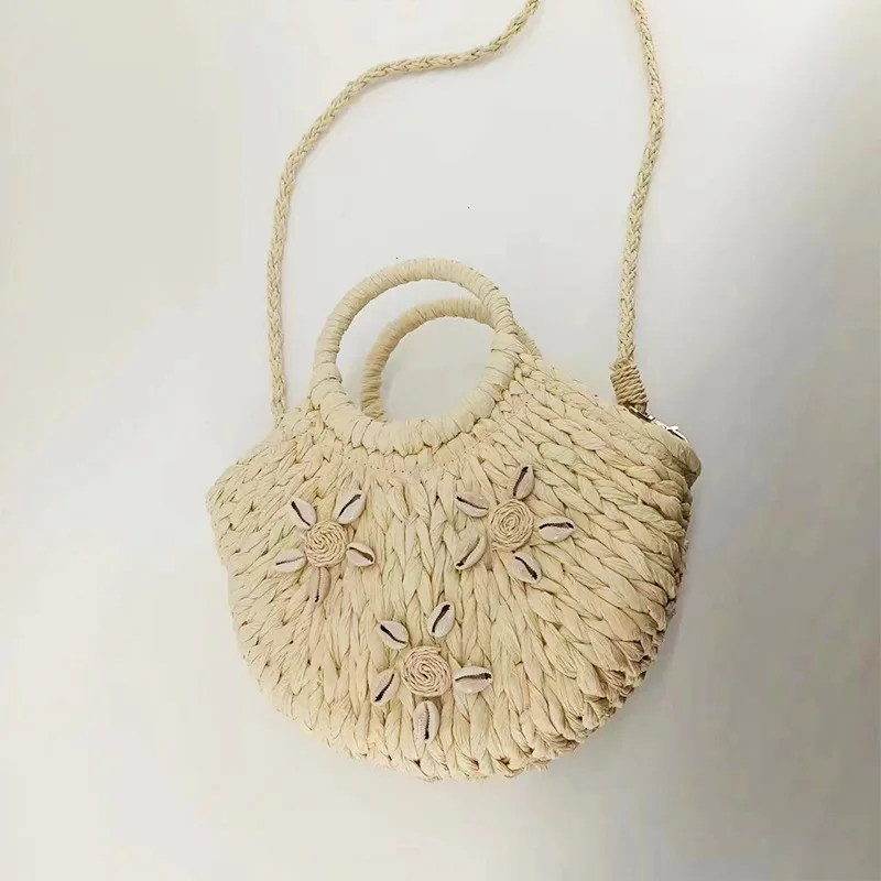 2024 Raffia Grass Bag Half Round Sea Grass Bags Seashell Woven Crossbody Shoulder Bag Beach Straw  Handbag for Women