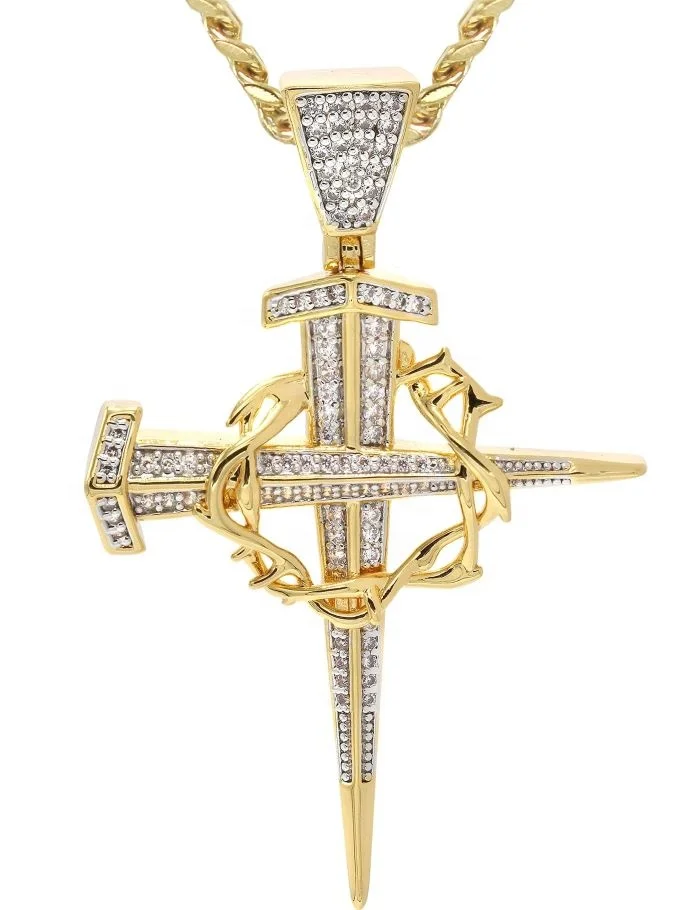 18K gold men hip hop cross necklace ,iced out moissanite Double sword pendant,mens gold plated pendant