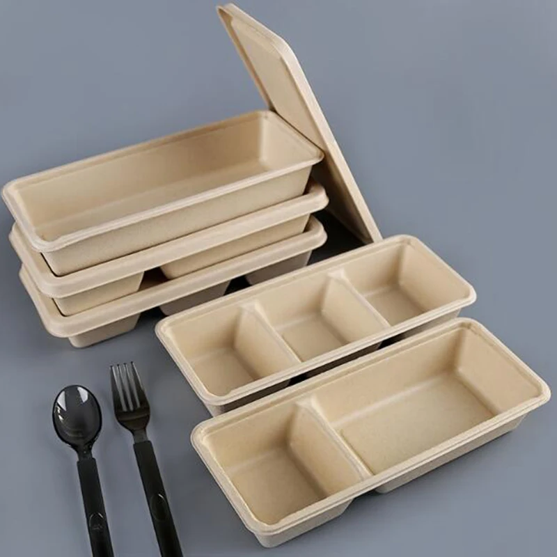 Biodegradable disposable 3 compartment rectangle take out food container box packaging