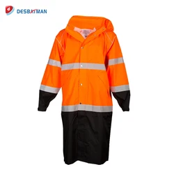 Custom hi vis waterproof raincoats 100% polyester with PU adult long sleeve raincoats jackets with reflective tapes