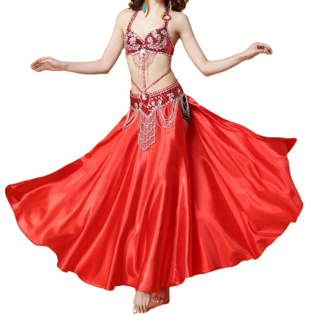 Bestdance Belly Dance Costume Set Top Bra & Skirt & Hip Scarf Dancer Satin Split Skirt Performance Wear
