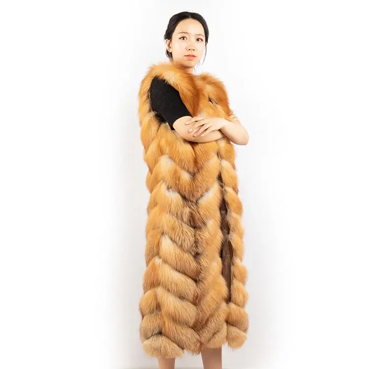 DH IATOYW wholesale fashion 110cm long natural red fox fur gilet women winter fox fur vest