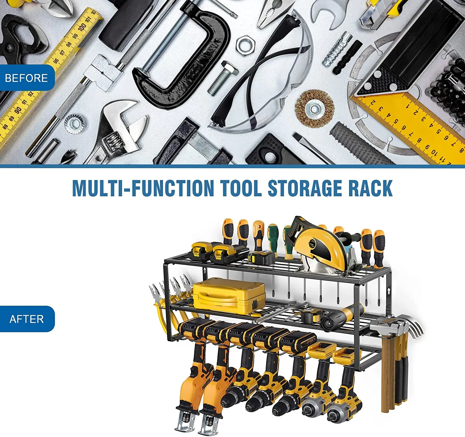 Metal Garage Shelf Heavy Duty Garage Organization with 7 Drill Holders, Amoowis Tool Box Organizers and Storage Wall Mount