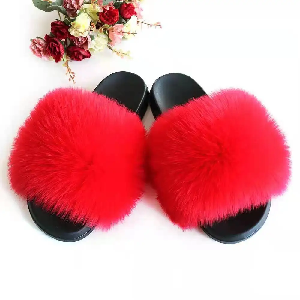 Полностью пушистые Шлепанцы из искусственного меха под заказ оптовая продажа роскошные домашние лисьего женские сандалии шлепанцы
