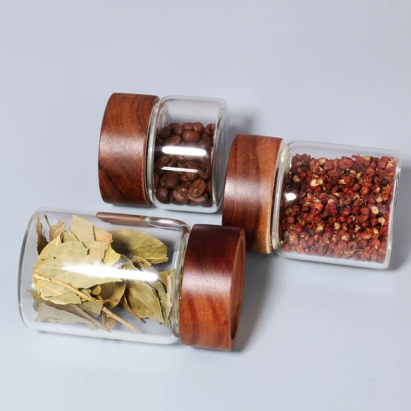 Onsin 100-800ml Glass Spice Jars Honey Container with Acacia Screw Wood Lids 1300ml 1000ml Glass Storage Bottle for Tea Coffee