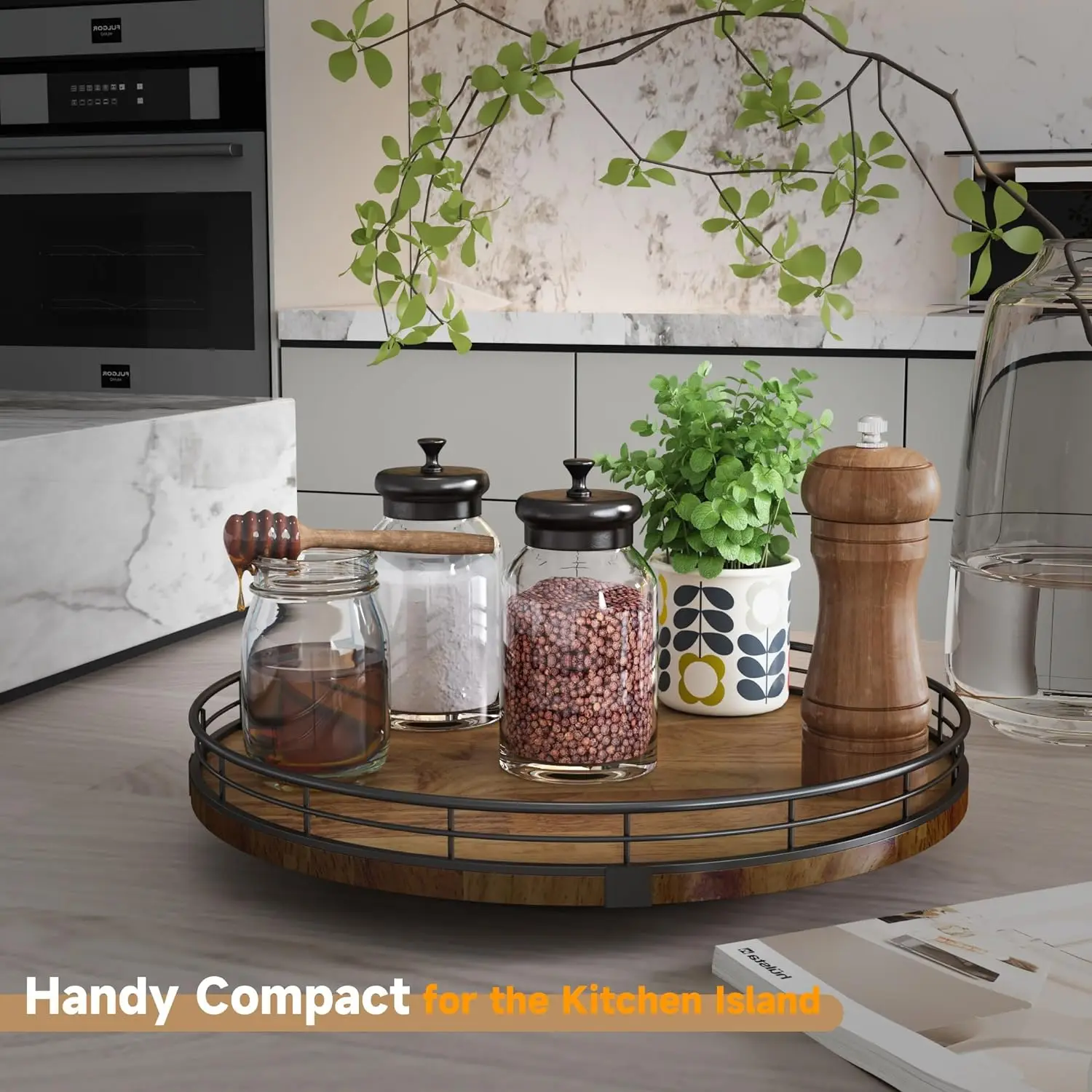 Oak 13 Inch Lazy Susan Turntable Organizer, Round Wooden Lazy Susan Organizer and Storage for Cabinet Countertops