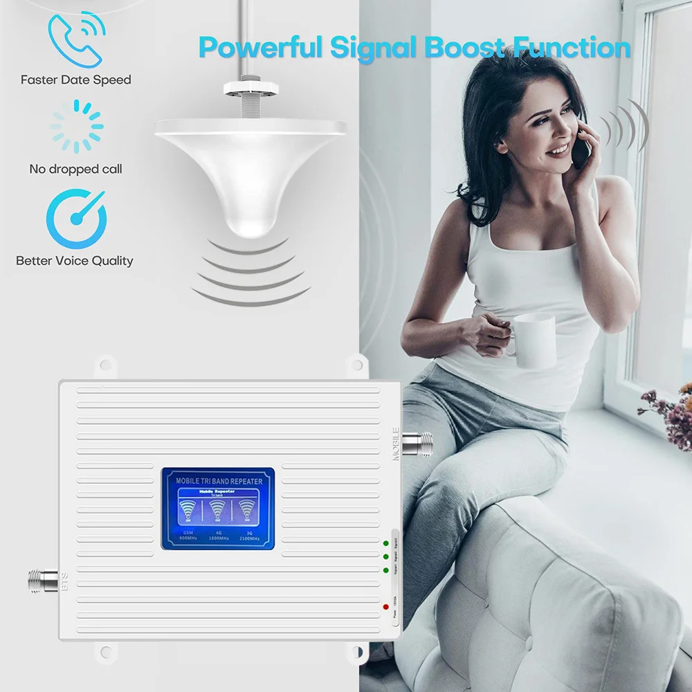 Intelligent cell phone network booster 900mhz 1800mhz 2100mhz cell phone signal booster gsm signal booster for 2G 3G 4G