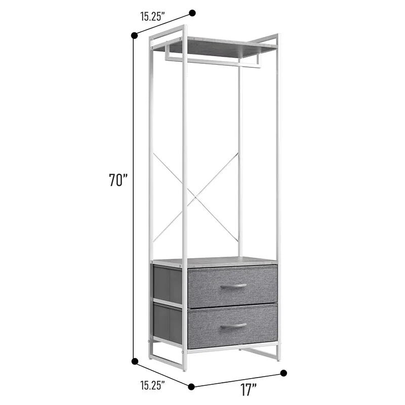 Custom Wood Top, Steel Frame, Fabric Drawers - Tall Closet Storage Organizer for Hanging Shirts, Dresses, Jackets Clothing Rack