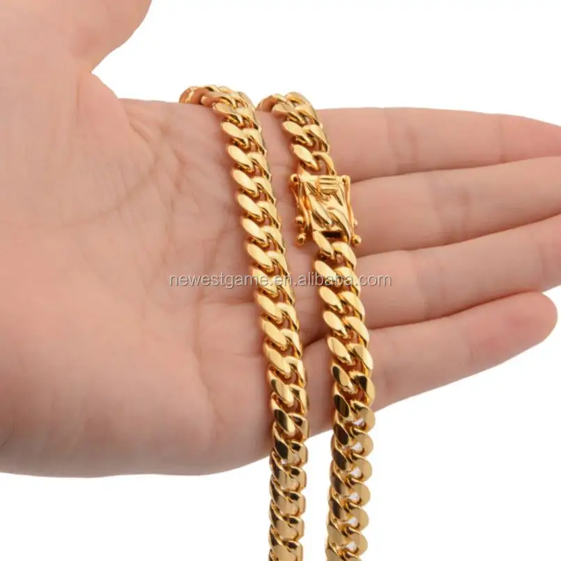 
12mm men Stainless Steel Jewelry 24K Gold Filled Plated High Polished Cuban Link Necklace For Men Punk Curb Chain Dragon-Beard 