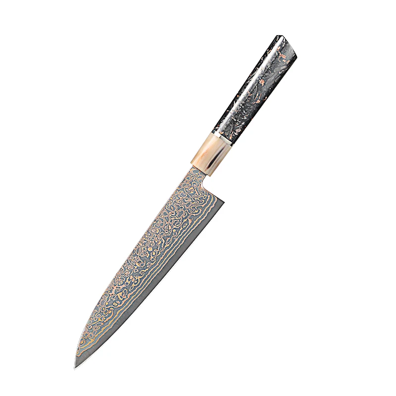 Luxury Copper Damascus Steel Kitchen Knife  Japanese  VG-10 Core Buffalo Horn  Resin Mixed Carbon Fiber& Copper