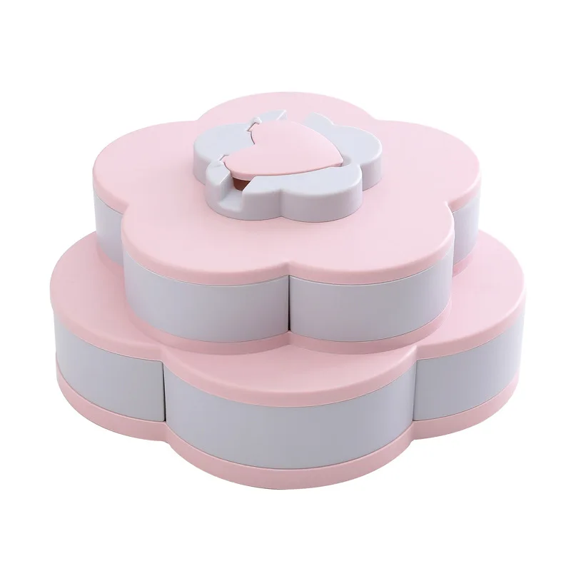 New Design Double Layer Flower Shape Rotating Fruit Snack Candy Food Storage Box Plastic Rotating Snack Storage Boxes