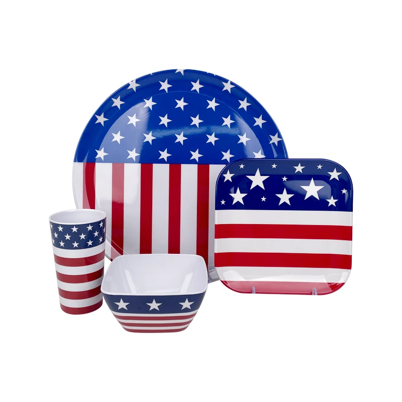 12Piece Melamine Dinnerware Set Includes Dinner Plates, Salad Plates, Bowls and cups Service for 4 American Flag