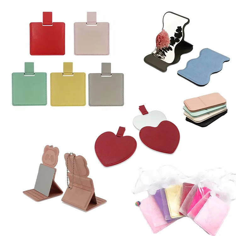 Custom Brand LOGO Giveaway Mini Gifts Business Gift Personalized Souvenir PU Handheld Cosmetic Flat Pocket Square Metal Mirror