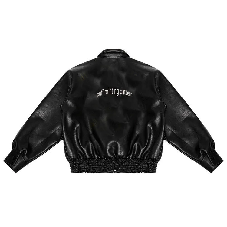 Custom puff printing pattern solid color leather baseball bomber men leather jacket  with buttons
