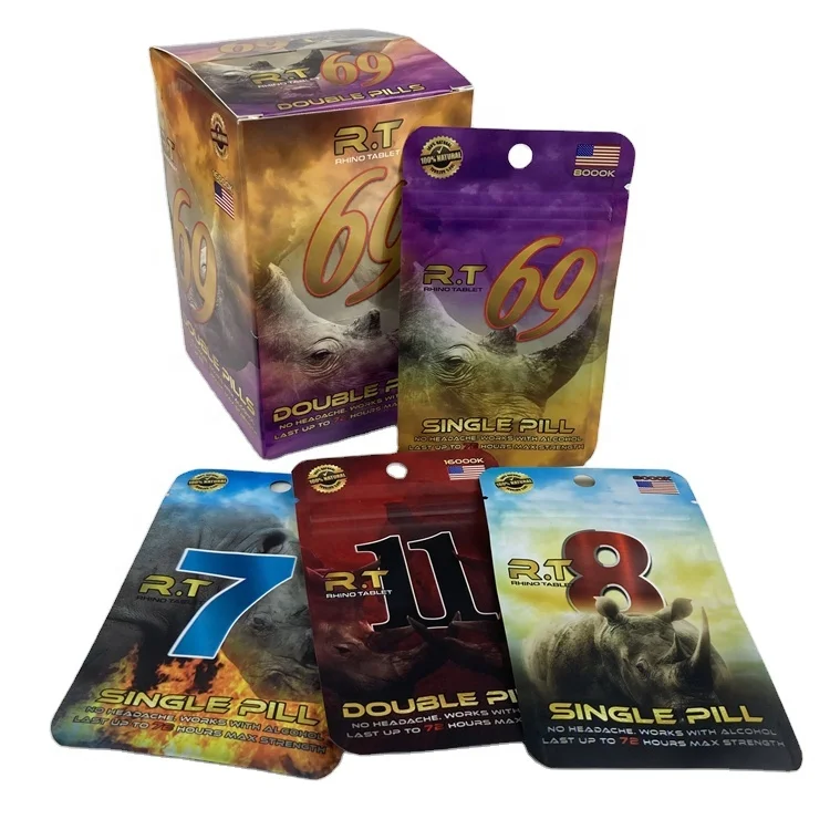 Wholesale Custom Supermarket Retail Rhino Pills Capsules Male Enhancement Matte Foil Pouch Bag And Display Box Counter Top