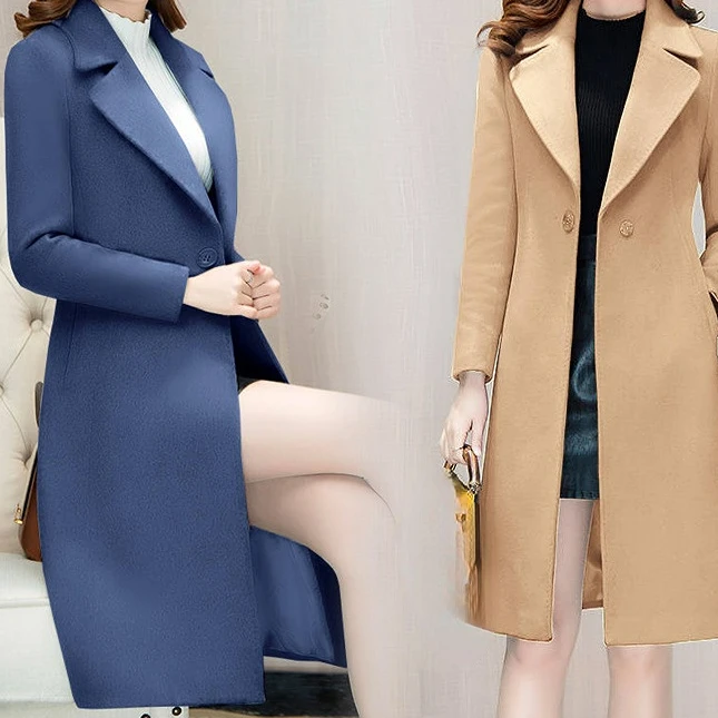 2023 Wholesale New Fashion Custom Elegant Turn Down Collar Wool Coats Solid Color Belted Long Cashmere Coat Women