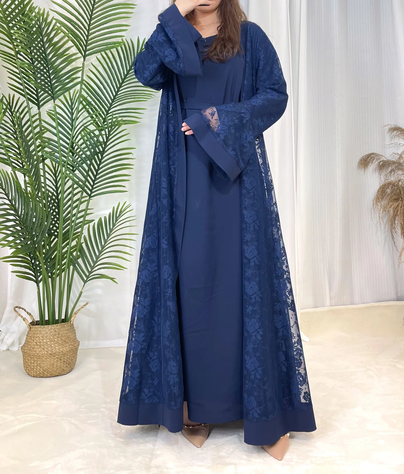 Eid Islamic Lace Flower Party Solid Color Flared Sleeve Robe Abaya Dubai 2023 Manufacturer Muslim Cardigan Two Piece Set
