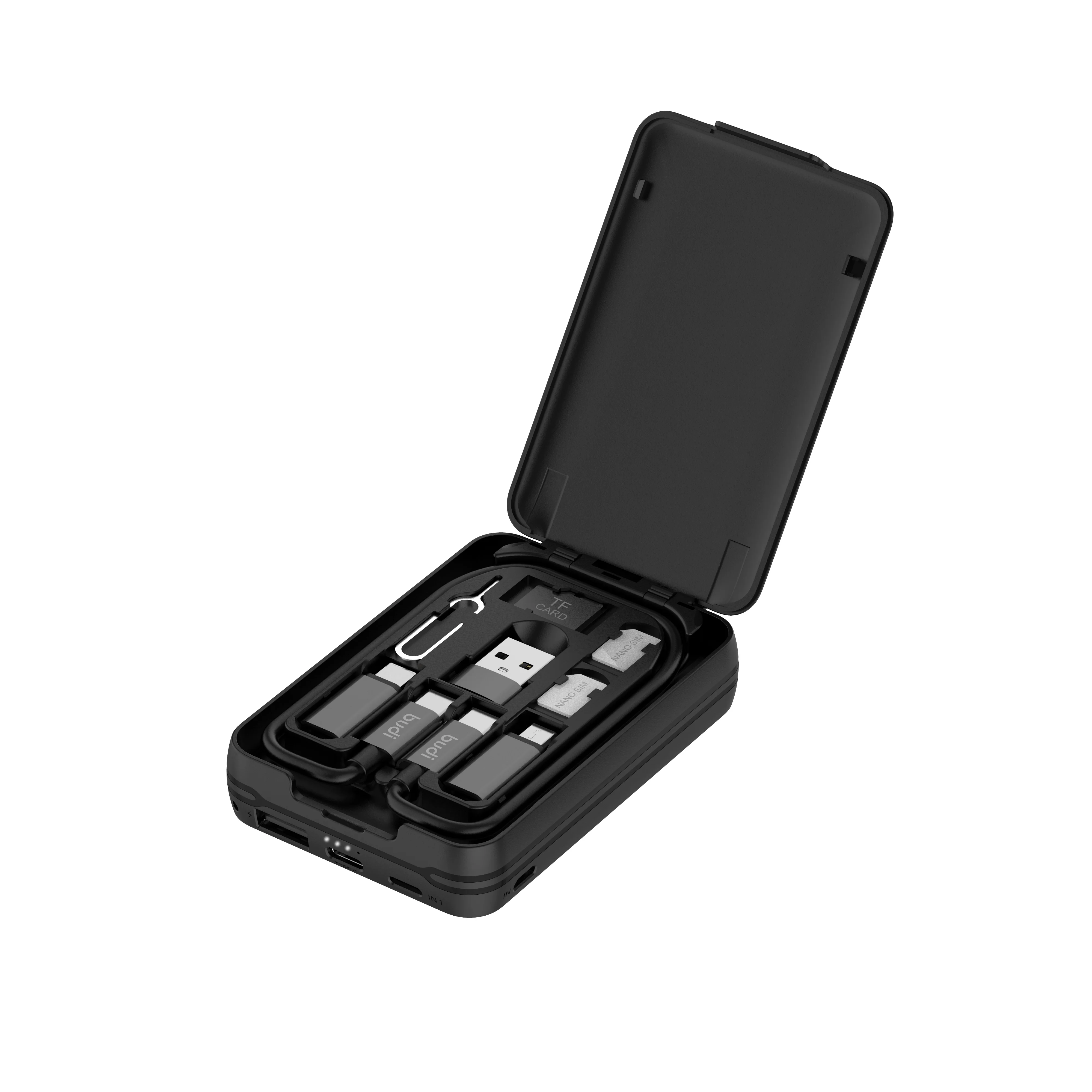 
budi oem free logo printing the newest super slim powerbank 5000mAh type c to type-c 6 in 1 data cable and sim card eject pin 