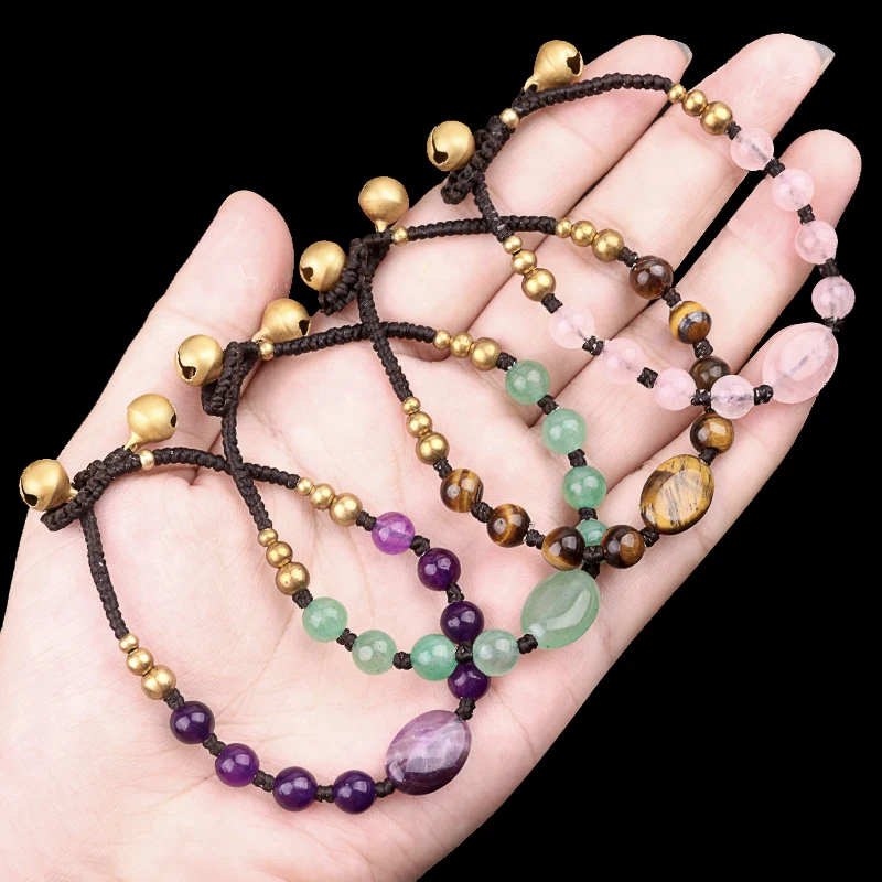 Hot Selling Hand Woven Multi-Color Round Bead Natural Stone Bracelet Adjustable Weaving Fashion Bracelet Bell Bracelet