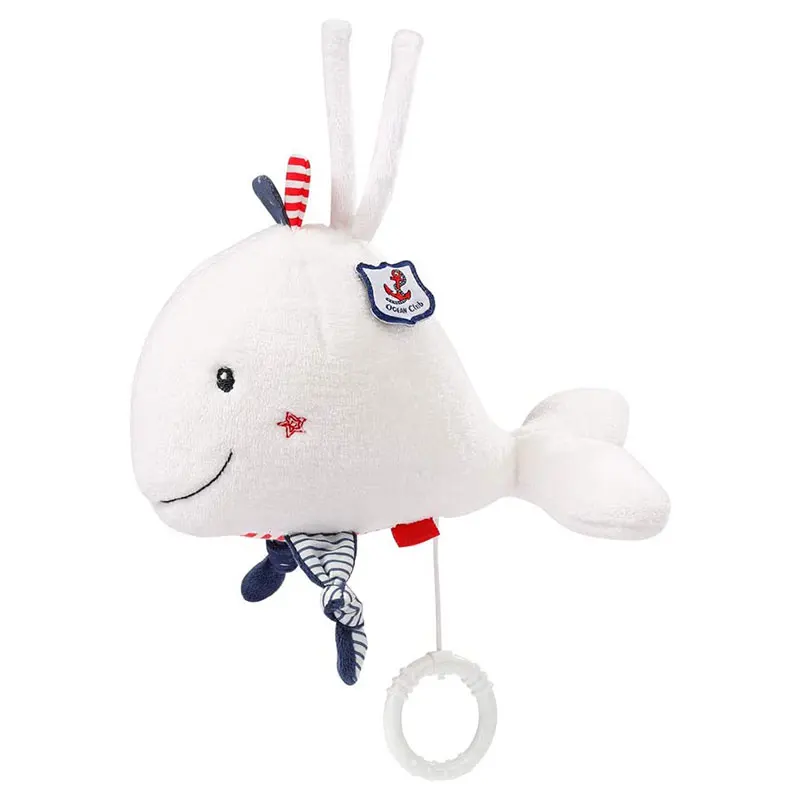 Amazon hot sale infant bed hanging music toy baby soft plush stuffed whale smoothing pull rattle crib hanging bell toy
