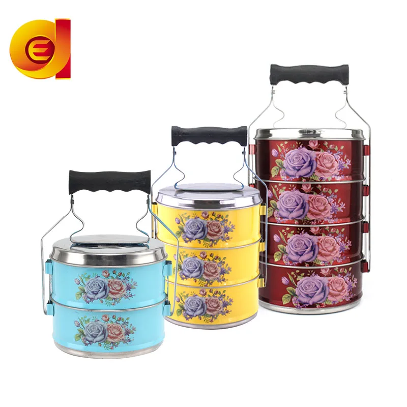 Personalized High Quality 3 Layers Rose Metal Bento Tiffin Box With Color Painting