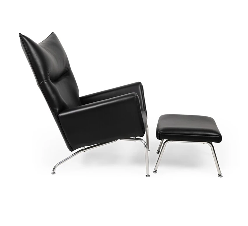 High back wing chair in leather mid century furniture