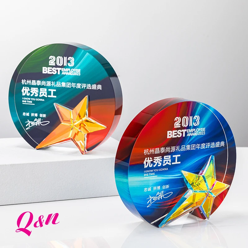 White transparent glass full color printed optical gold metal feather wheat crystal glass trophy