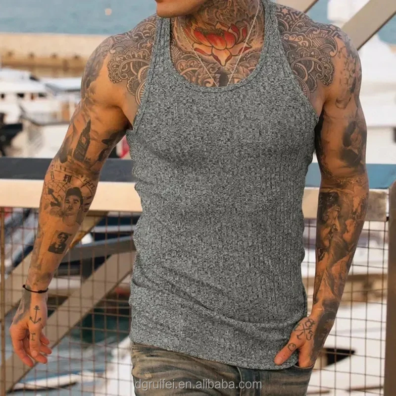 Summer streetwear custom printed high quality sustainable quare collar muscle fit 100% organic cotton ribbed tank top for men