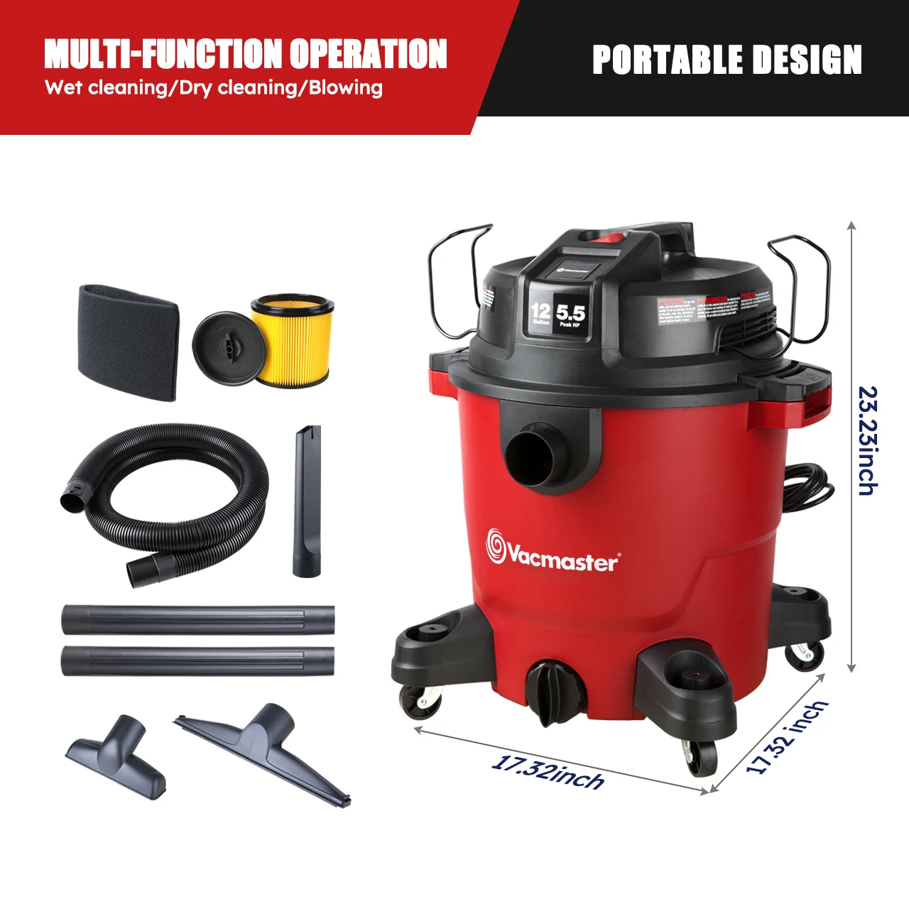  Пылесос Vacmaster Red Edition для сухой и влажной уборки 12 галлонов 5 пиков шланг HP 2-1/2 дюйма VJH1211PF