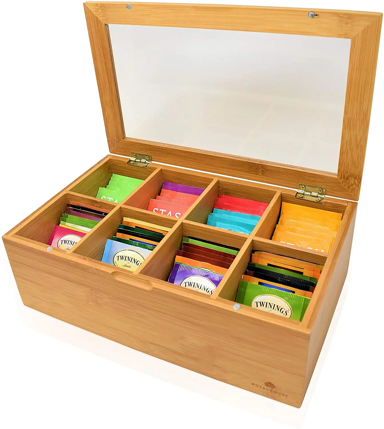 Bamboo Tea Box Tea Bags Organizer Storage Wood Chest with 8 Adjustable Divided Compartments Clear Lid Window for Tea Bags